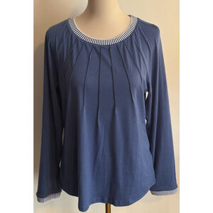 Women's MEROKEETY Blue Long Sleeve Tee with White Stripes, Size M